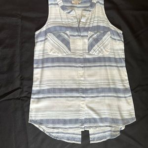 CUPIO sleeveless blue white striped blouse back hem slit and top collar pleat S